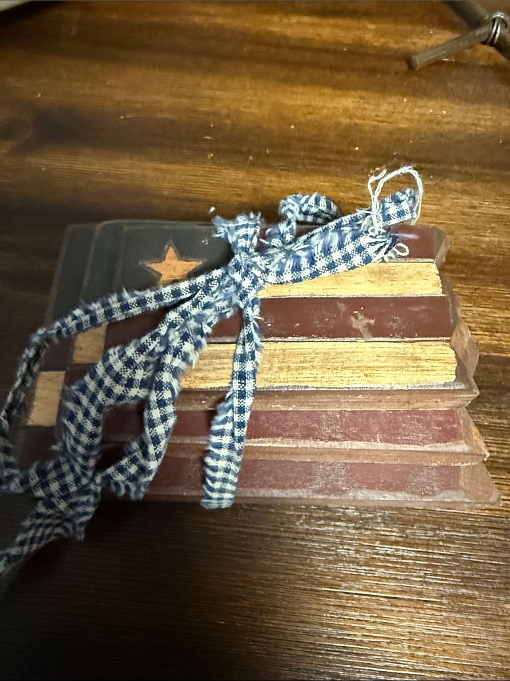 Rustic Wood Americana Star Flag Table Accent in Red, Blue and Cream set of 3